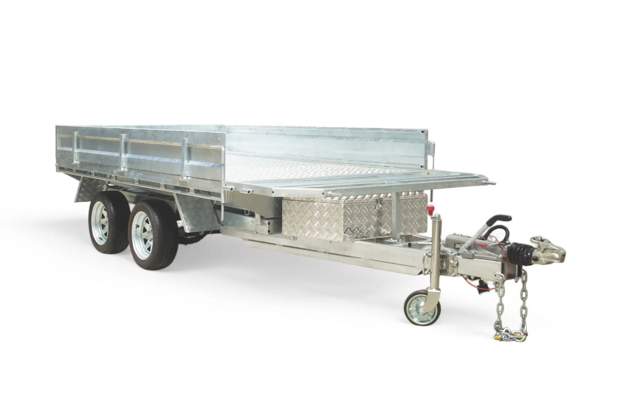 Safari Flatdeck Hydraulic Tipping 10x6 Tandem Axle Trailer 3500kg GVM Optional 1200mm Cage