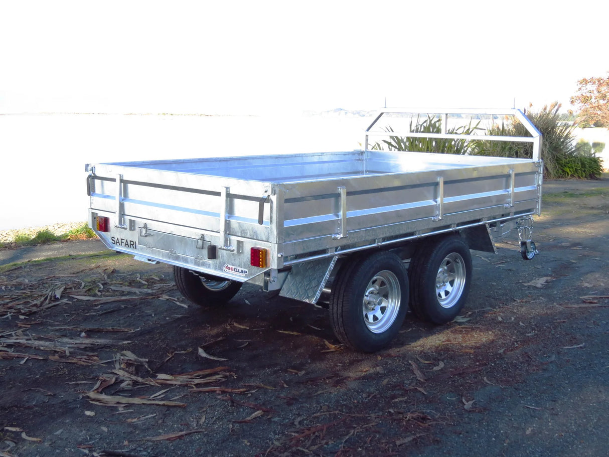 Safari Flatdeck Hydraulic Tipping 12x7 Tandem Axle Trailer 3500kg GVM Optional 1200mm Cage