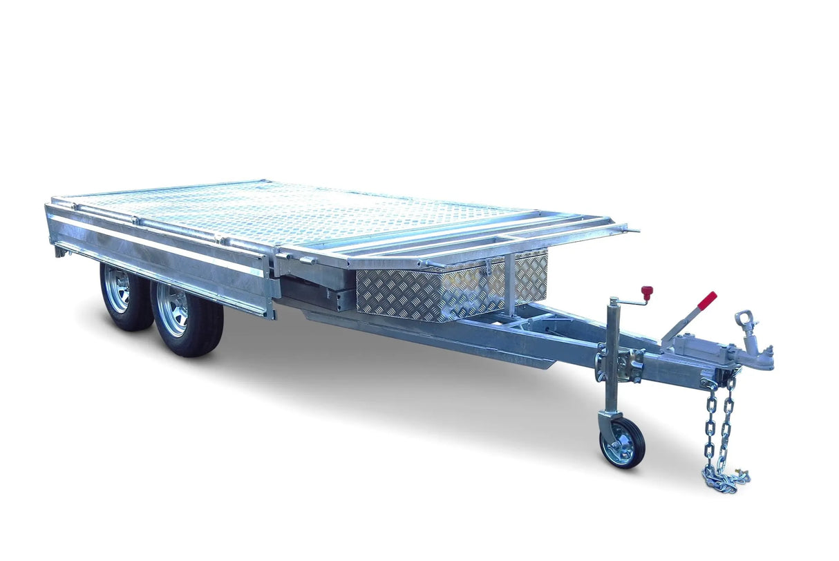 Safari Flatdeck Hydraulic Tipping 12x7 Tandem Axle Trailer 3500kg GVM Optional 1200mm Cage