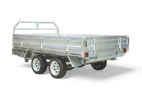 Safari Flatdeck Hydraulic Tipping 10x6 Tandem Axle Trailer 3500kg GVM Optional 1200mm Cage